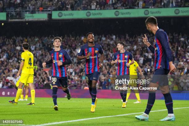 Ansu Fati of FC Barcelona celebrates after scoring their sides third goal during the LaLiga Santander match between FC Barcelona and Villarreal CF at...