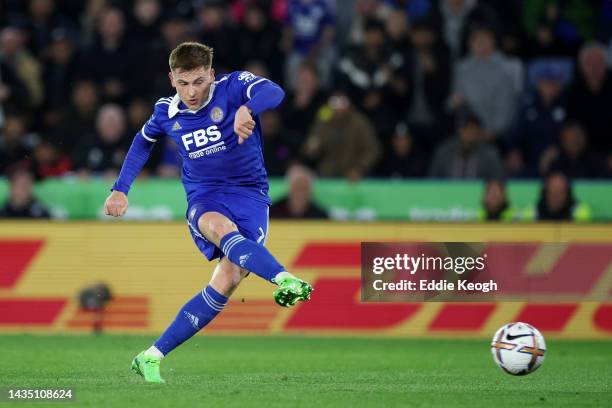 Harvey Barnes of Leicester City scores their side's second goal during the Premier League match between Leicester City and Leeds United at The King...