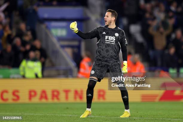 Danny Ward of Leicester City celebrates their side's second goal during the Premier League match between Leicester City and Leeds United at The King...