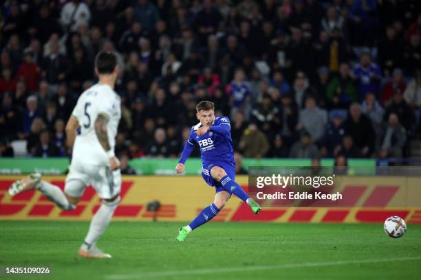 Harvey Barnes of Leicester City scores their side's second goal during the Premier League match between Leicester City and Leeds United at The King...