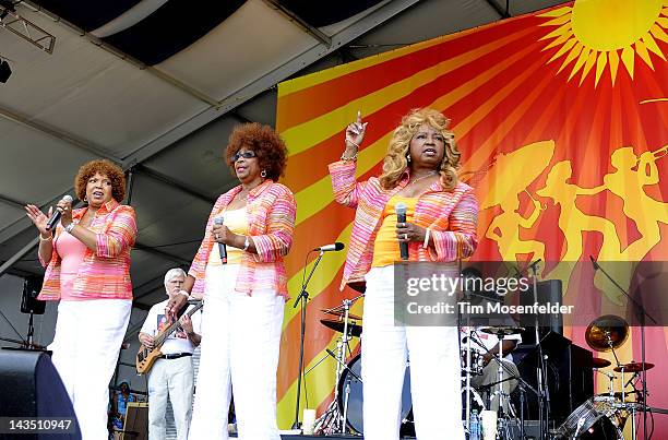 Rosa Hawkins, Joan Johnson and Barbara Hawkins of the Dixie Cups perform as part of the 2012 New Orleans Jazz & Heritage Festival at Fair Grounds...