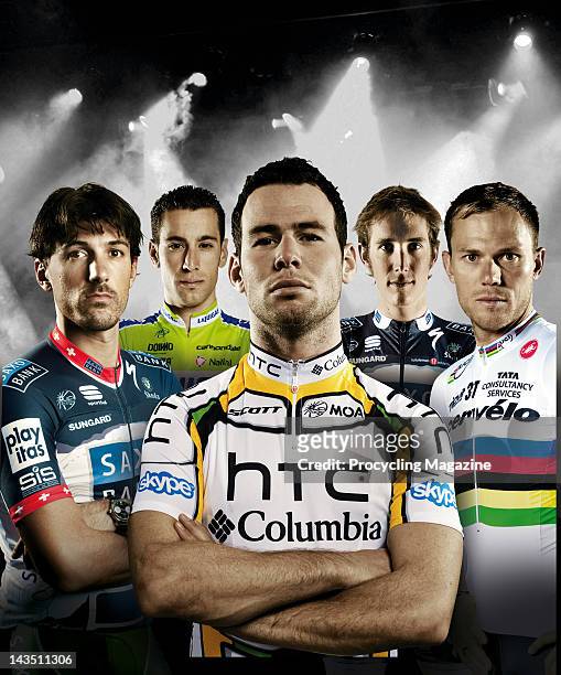 Cycling professionals Fabian Cancellara, Vincenzo Nibali, Mark Cavendish, Andy Schleck and Thor Hushovd, December 2, 2010.