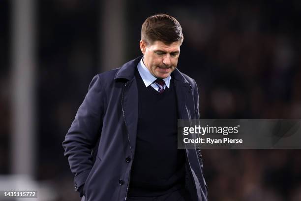 Steven Gerrard, Manager of Aston Villa looks dejected following their sides defeat after the Premier League match between Fulham FC and Aston Villa...