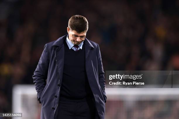 Steven Gerrard, Manager of Aston Villa looks dejected following their sides defeat after the Premier League match between Fulham FC and Aston Villa...