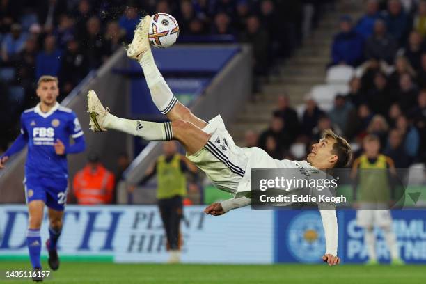 Diego Llorente of Leeds United attempts an overhead kick during the Premier League match between Leicester City and Leeds United at The King Power...