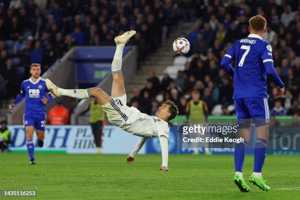 Diego Llorente of Leeds United attempts an overhead kick during the Premier League match between Leicester City and Leeds United at The King Power...