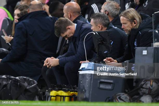 Steven Gerrard, Manager of Aston Villa reacts during the Premier League match between Fulham FC and Aston Villa at Craven Cottage on October 20, 2022...