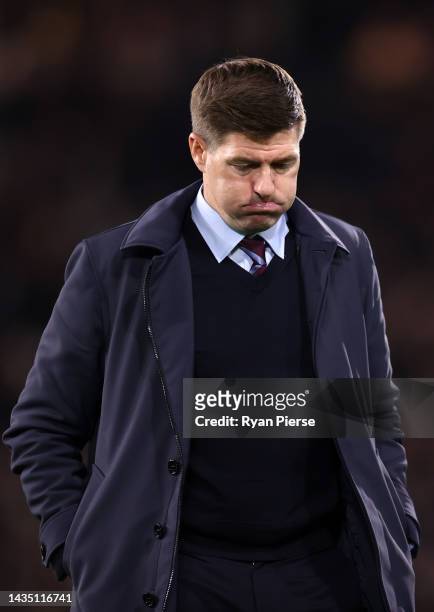 Steven Gerrard, Manager of Aston Villa looks dejected following their sides defeat after the Premier League match between Fulham FC and Aston Villa...
