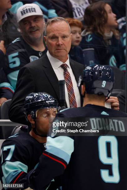 Assistant coach Dave Lowry of the Seattle Kraken looks on during the third period against the St. Louis Blues at Climate Pledge Arena on October 19,...