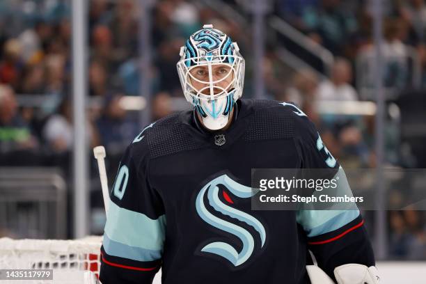 Martin Jones of the Seattle Kraken looks on during the third period against the St. Louis Blues at Climate Pledge Arena on October 19, 2022 in...