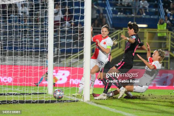 Latina, ITALY Valentina Giacinti scores the first goal for her team during the UEFA Women's Champions League group B match between AS Roma and Slavia...