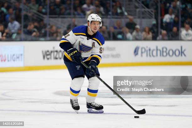 Vladimir Tarasenko of the St. Louis Blues skates against the Seattle Kraken during the first period at Climate Pledge Arena on October 19, 2022 in...