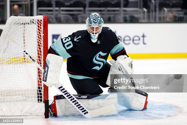 Martin Jones of the Seattle Kraken warms up before the game against the St. Louis Blues at Climate Pledge Arena on October 19, 2022 in Seattle,...