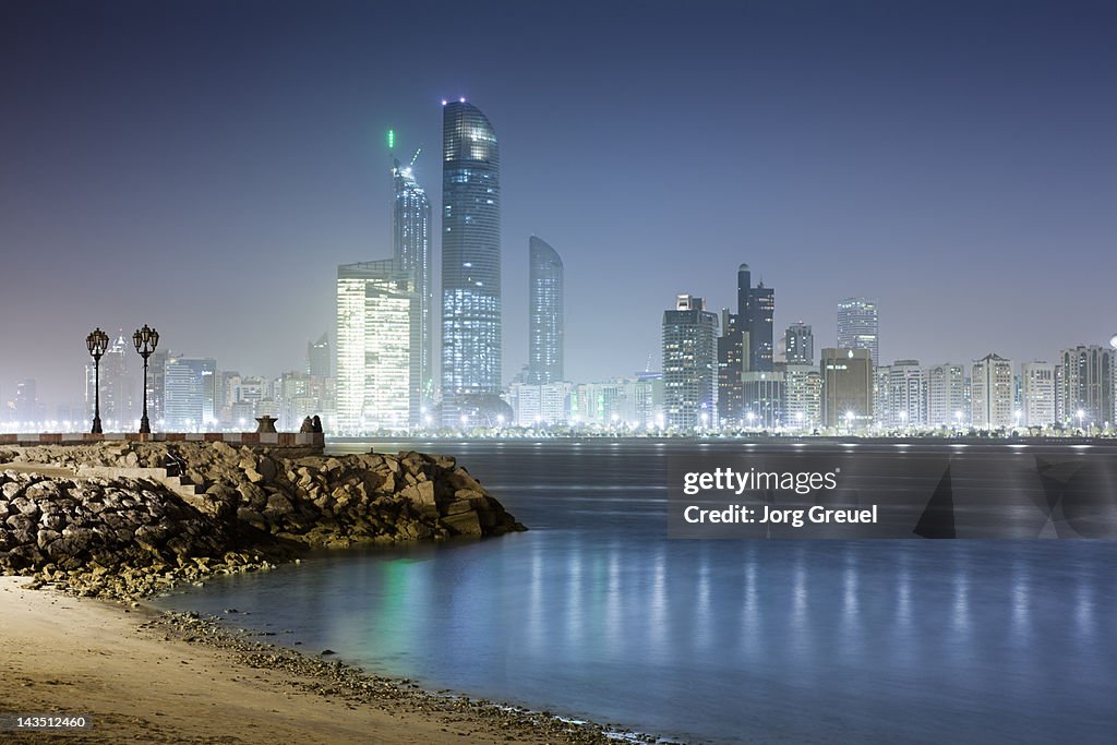 Abu Dhabi skyline at night, view from Breakwater