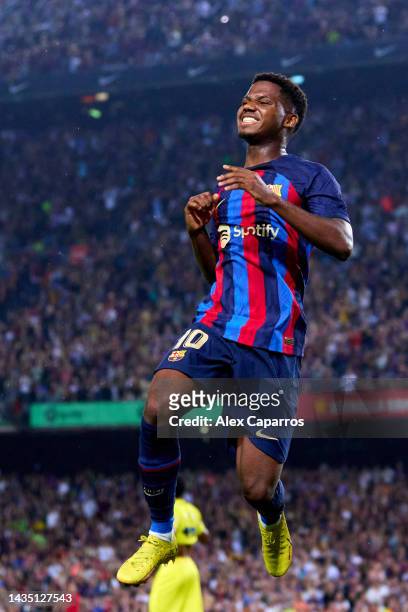 Ansu Fati of FC Barcelona celebrates after scoring his team's third goal during the LaLiga Santander match between FC Barcelona and Villarreal CF at...