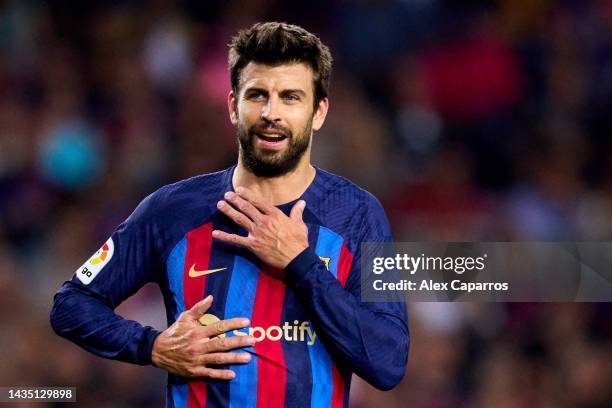 Gerard Pique of FC Barcelona reacts during the LaLiga Santander match between FC Barcelona and Villarreal CF at Spotify Camp Nou on October 20, 2022...