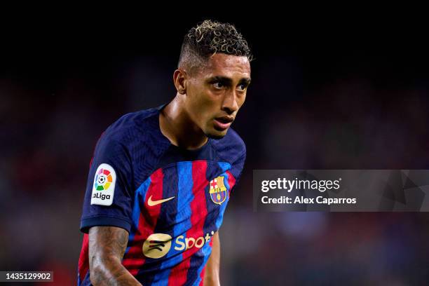 Raphinha of FC Barcelona looks on during the LaLiga Santander match between FC Barcelona and Villarreal CF at Spotify Camp Nou on October 20, 2022 in...