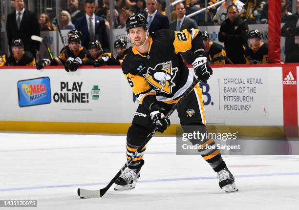 Jeff Petry of the Pittsburgh Penguins skates against the Arizona Coyotes during the game at PPG PAINTS Arena on October 13, 2022 in Pittsburgh,...