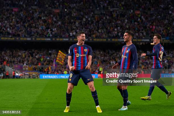 Robert Lewandowski of FC Barcelona celebrates after scoring his team's second goal during the LaLiga Santander match between FC Barcelona and...