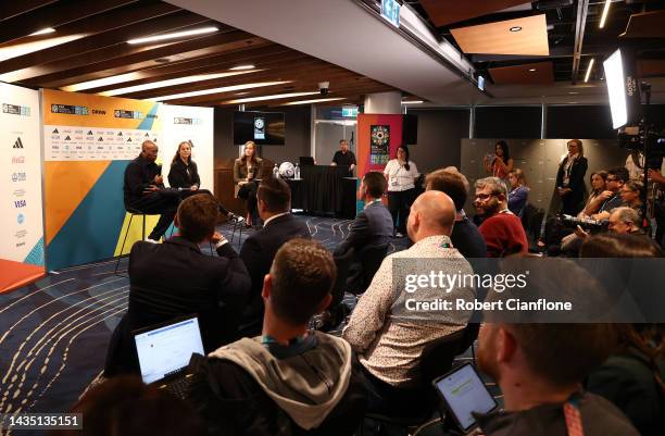 Ian Wright and Carli Lloyd speak to the media during a press conference ahead of the FIFA Women's World Cup 2023 Final Tournament Draw at Aotea...