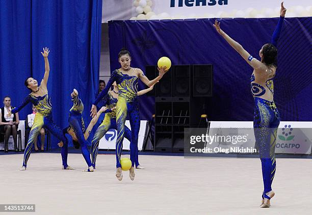 The Japanese team in action during competition of FIG Rhythmic Gymnastics World Cup in Penza on April 28, 2012 in Penza, Russia.