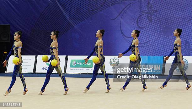 The Japanese team in action during competition of FIG Rhythmic Gymnastics World Cup in Penza on April 28, 2012 in Penza, Russia.