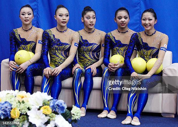 The Japanese team in action during competition of FIG Rhythmic Gymnastics World Cup in Penza on April 28, 2012 in Penza, Russia.