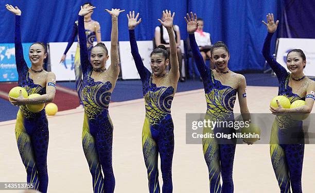 The Japanese team in action during competition of FIG Rhythmic Gymnastics World Cup in Penza on April 28, 2012 in Penza, Russia.