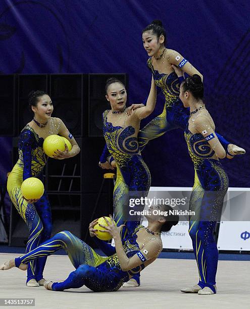 The Japanese team in action during competition of FIG Rhythmic Gymnastics World Cup in Penza on April 28, 2012 in Penza, Russia.