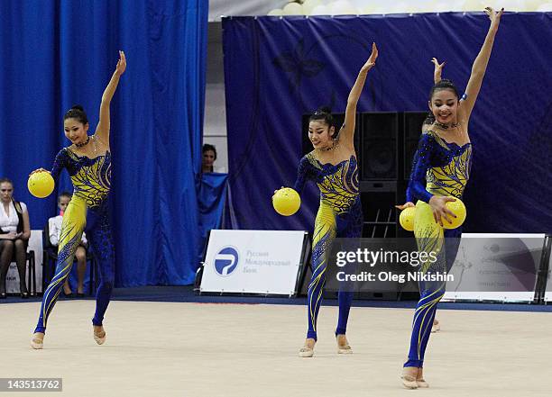 The Japanese team in action during competition of FIG Rhythmic Gymnastics World Cup in Penza on April 28, 2012 in Penza, Russia.