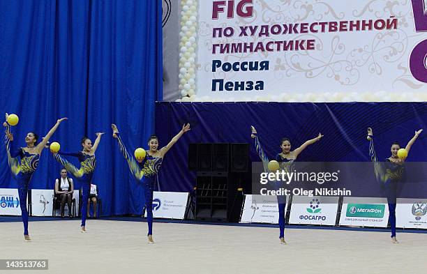 The Japanese team in action during competition of FIG Rhythmic Gymnastics World Cup in Penza on April 28, 2012 in Penza, Russia.