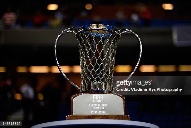 Detail view of the winner's trophy is seen ahead of the FIBA Europe EuroChallenge Final Four semifinal game between Szolnoki Olaj and Besiktas...