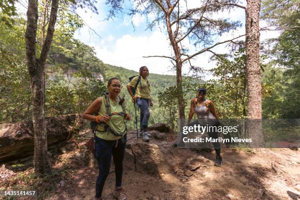 gruppe schwarzer frauen, die auf den gipfel des berges wandern - wildnisgebiets name stock-fotos und bilder