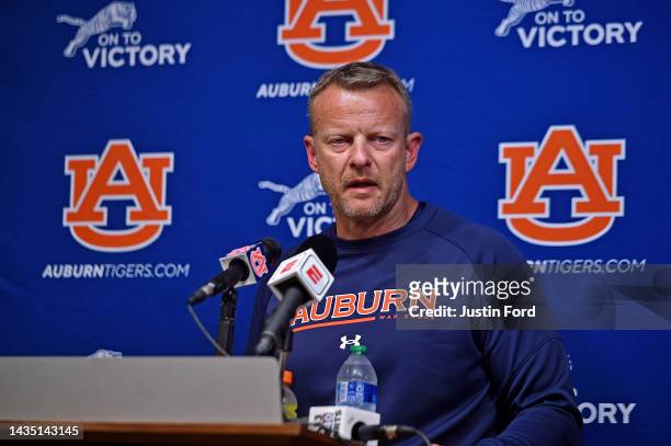 Head coach Bryan Harsin of the Auburn Tigers after the game against the Mississippi Rebels at Vaught-Hemingway Stadium on October 15, 2022 in Oxford,...