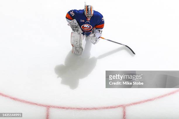 Ilya Sorokin of the New York Islanders warms up prior to the game against the New Jersey Devils at UBS Arena on October 20, 2022 in Elmont, New York.