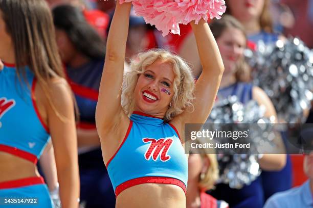 Mississippi Rebels cheerleader performs during the game against the Auburn Tigers at Vaught-Hemingway Stadium on October 15, 2022 in Oxford,...