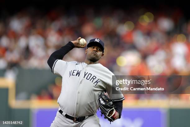 Luis Severino of the New York Yankees pitches against the Houston Astros during the first inning in game two of the American League Championship...