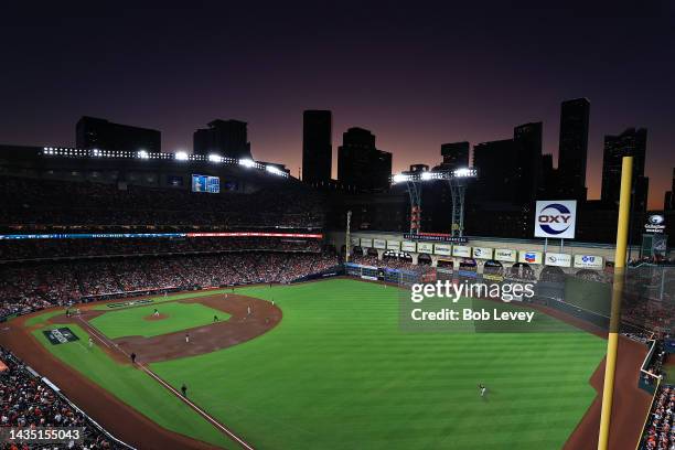 General view of the Houston skyline seen from right field in game two of the American League Championship Series between the Houston Astros and the...