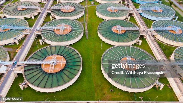 aerial view to sewage treatment plant. - biomasse stock-fotos und bilder