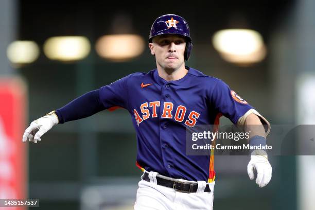 Alex Bregman of the Houston Astros celebrates his three-run home run against the New York Yankees during the third inning in game two of the American...