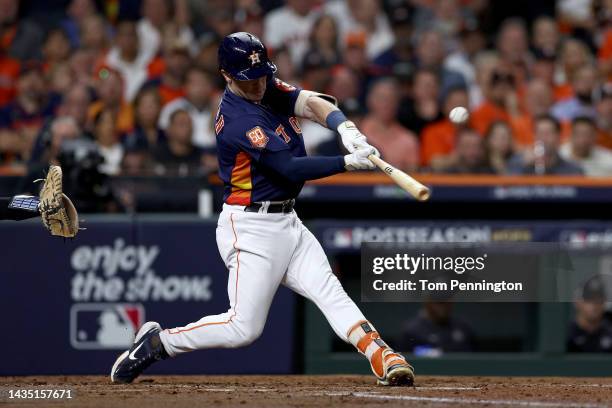 Alex Bregman of the Houston Astros hits a three-run home run against the New York Yankees during the third inning in game two of the American League...