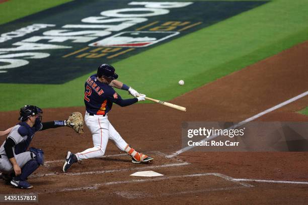 Alex Bregman of the Houston Astros hits a three-run home run against the New York Yankees during the third inning in game two of the American League...