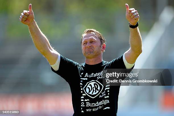 Head coach Ralph Hasenhuettl of Aalen celebrates after the third league match between VfB Stuttgart II and VfR Aalen at GAZI stadium on April 28,...