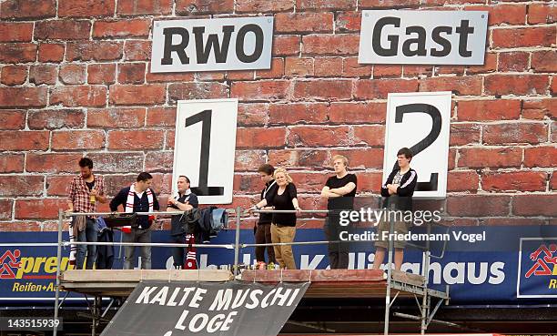 The scoreboard during the Third League match between RW Oberhausen and Jahn Regensburg at the Niederrhein Stadium on April 28, 2012 in Oberhausen,...
