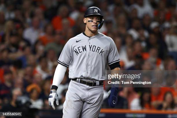 Aaron Judge of the New York Yankees reacts after scoring a run against the Houston Astros during the fourth inning in game two of the American League...
