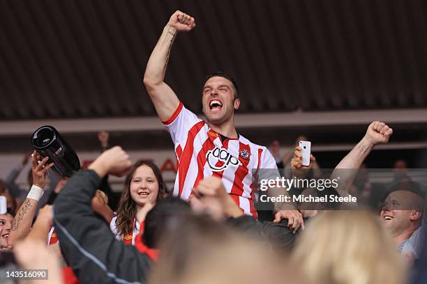 Rickie Lambert of Southampton celebrates promotion after his sides 4-0 victory during the npower Championship match between Southampton and Coventry...