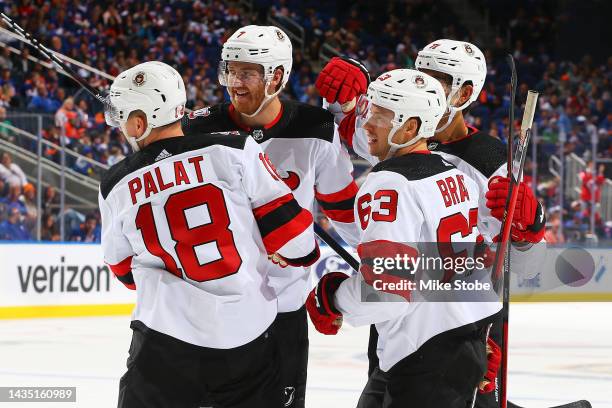 Ondrej Palat of the New Jersey Devils celebrates his second period goal against the New York Islanders during the game at UBS Arena on October 20,...