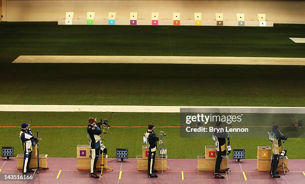 General view of the Finals Hall during the Men's 50m Rifle 3 position competition on day ten of the ISSF Shooting World Cup LOCOG Test Event for...