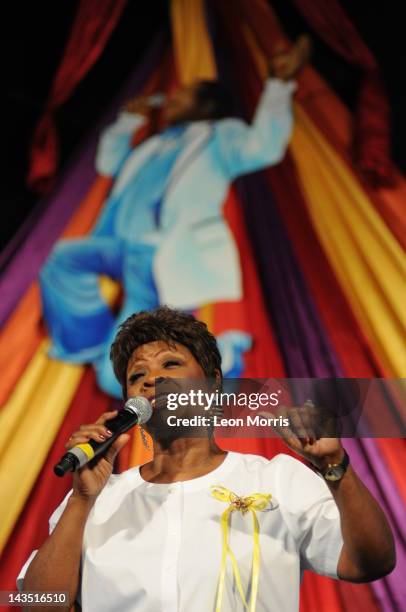 Irma Thomas performs a tribute to Mahalia Jackson on the Gospel stage during New Orleans Jazz & Heritage Festival on April 27, 2012 in New Orleans,...