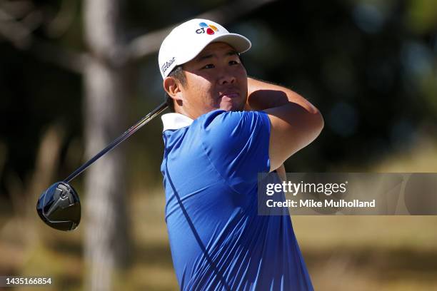 Byeong Hun An of South Korea hits a tee shot on the sixth hole during the first round of the CJ Cup at Congaree Golf Club on October 20, 2022 in...